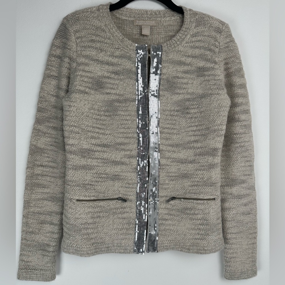 Banana‎ Republic Wool Sequin Cardigan Size Small Gray Silver Business Casual